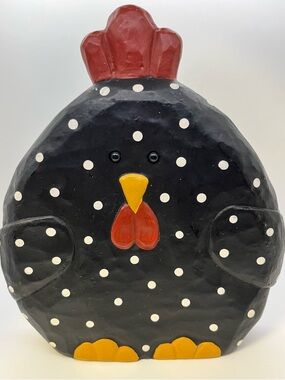🐓 10” Tall Polka Dot Black Ceramic Chicken Farmhouse Country